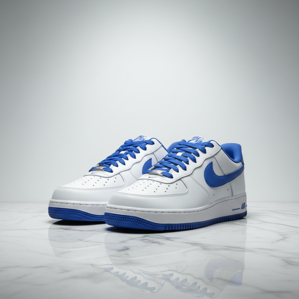 Air Force 1 '07 Medium Blue editorial render, both shoes side by side on white marble