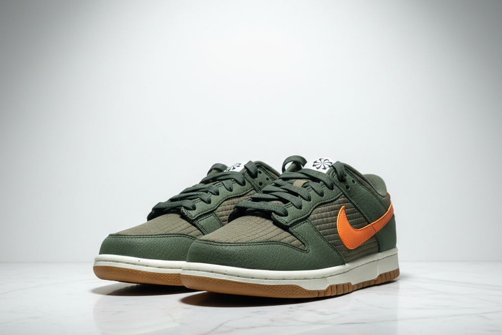 Dunk Low SE Toasty Sequoia editorial render, toes pointing bottom-left on white marble