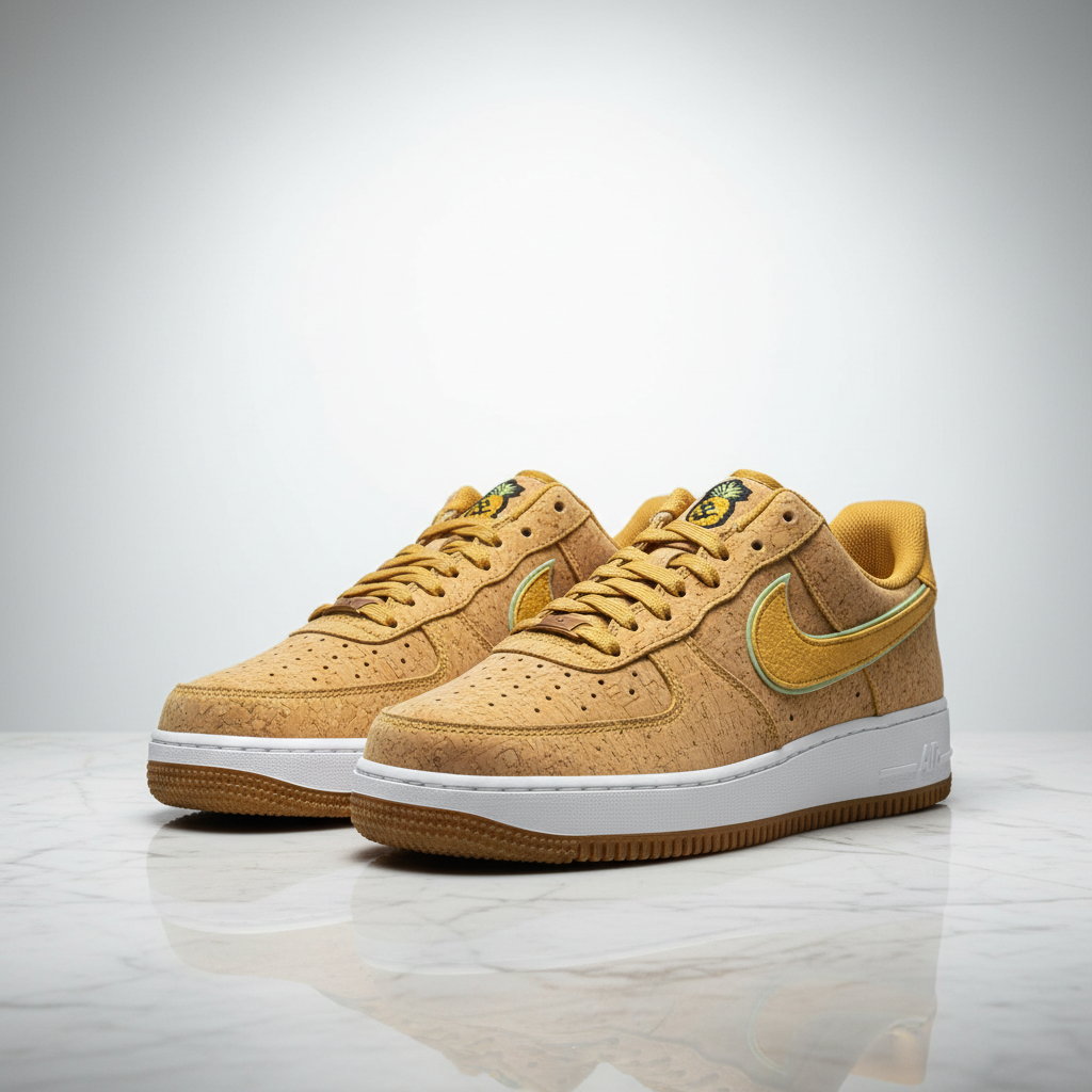 AF1 Low '07 Happy Pineapple editorial render, toes pointing bottom-left on white marble