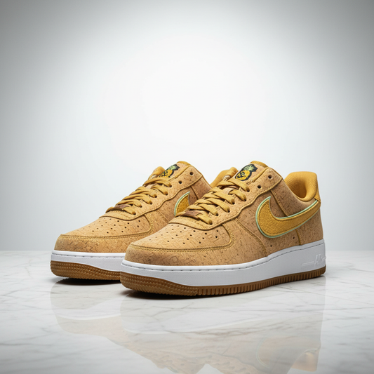 AF1 Low '07 Happy Pineapple editorial render, toes pointing bottom-left on white marble