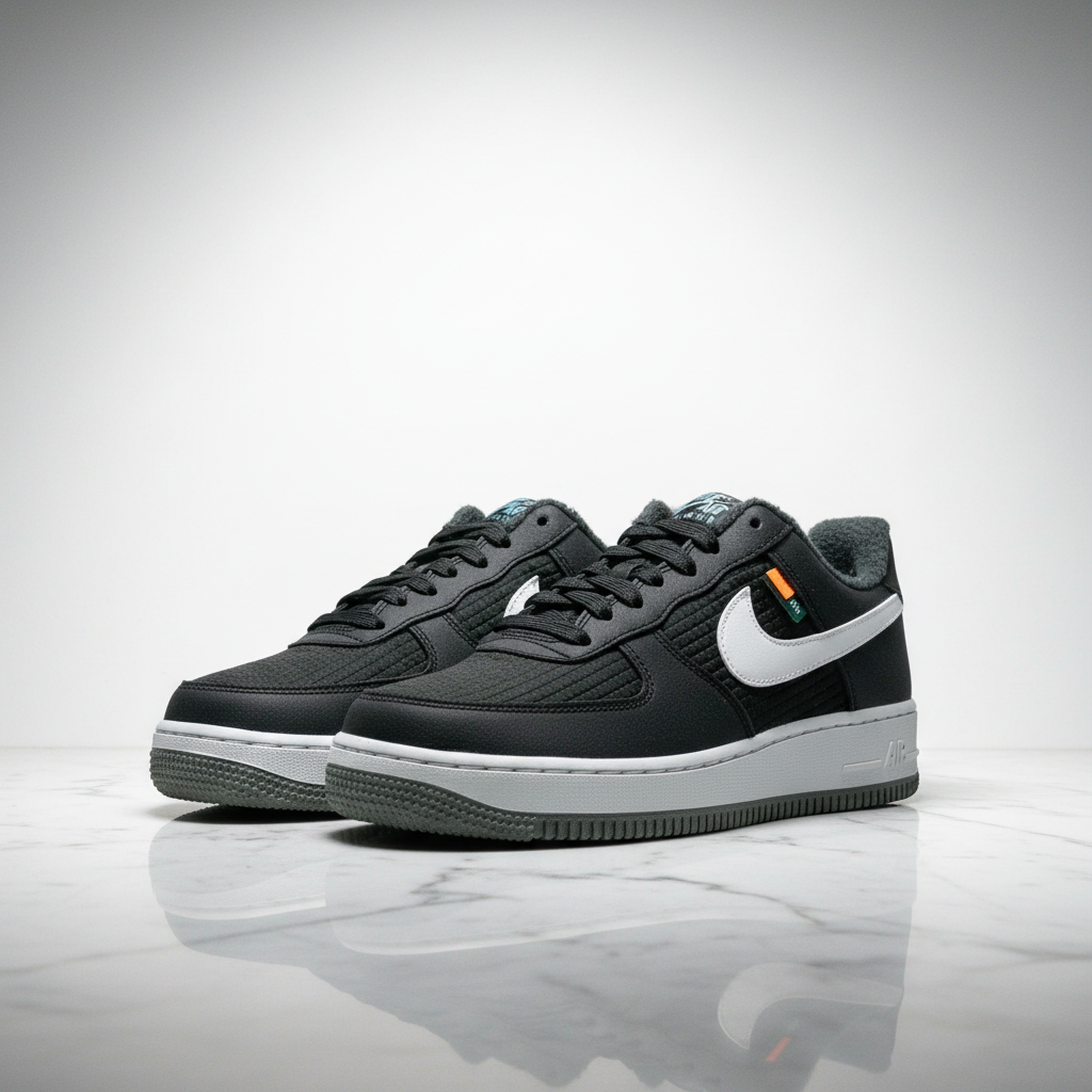 Air Force 1 '07 LV8 NN Toasty Black editorial render, both shoes side by side on white marble