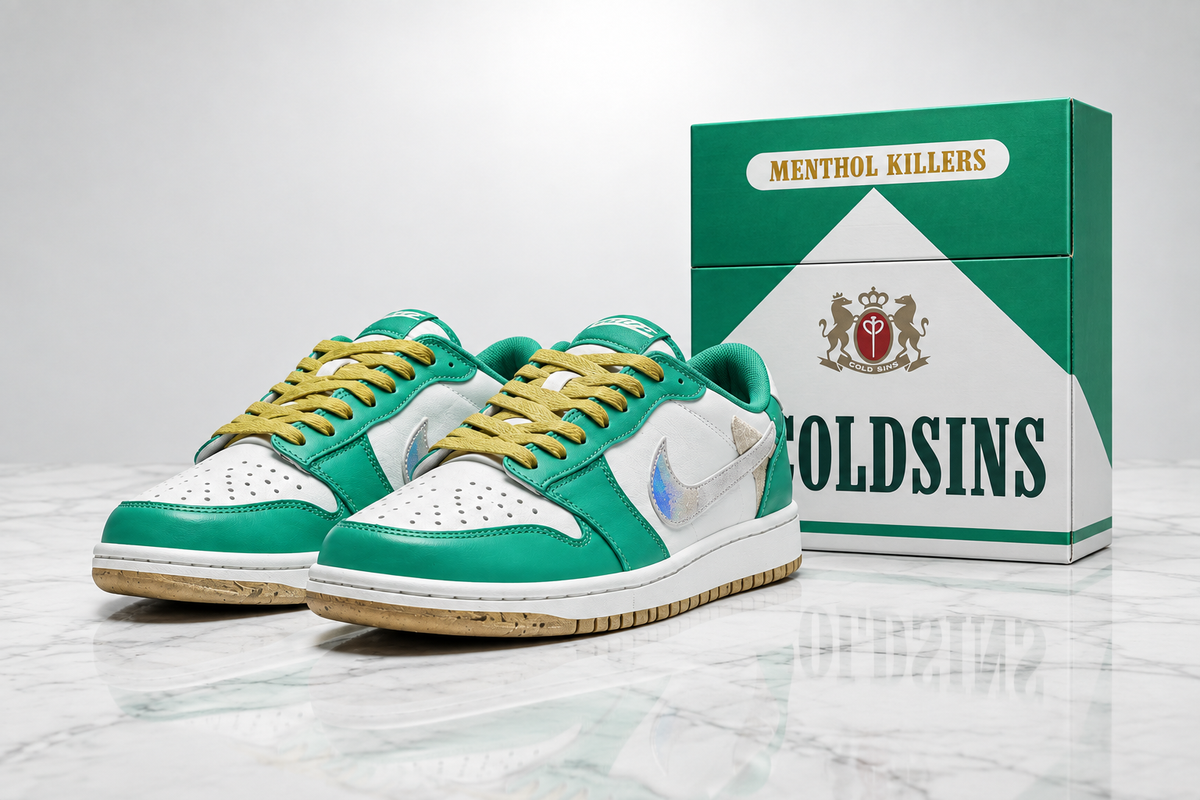 Cold Sins sneakers beside the matching Menthol Killers shoe box on a white marble surface