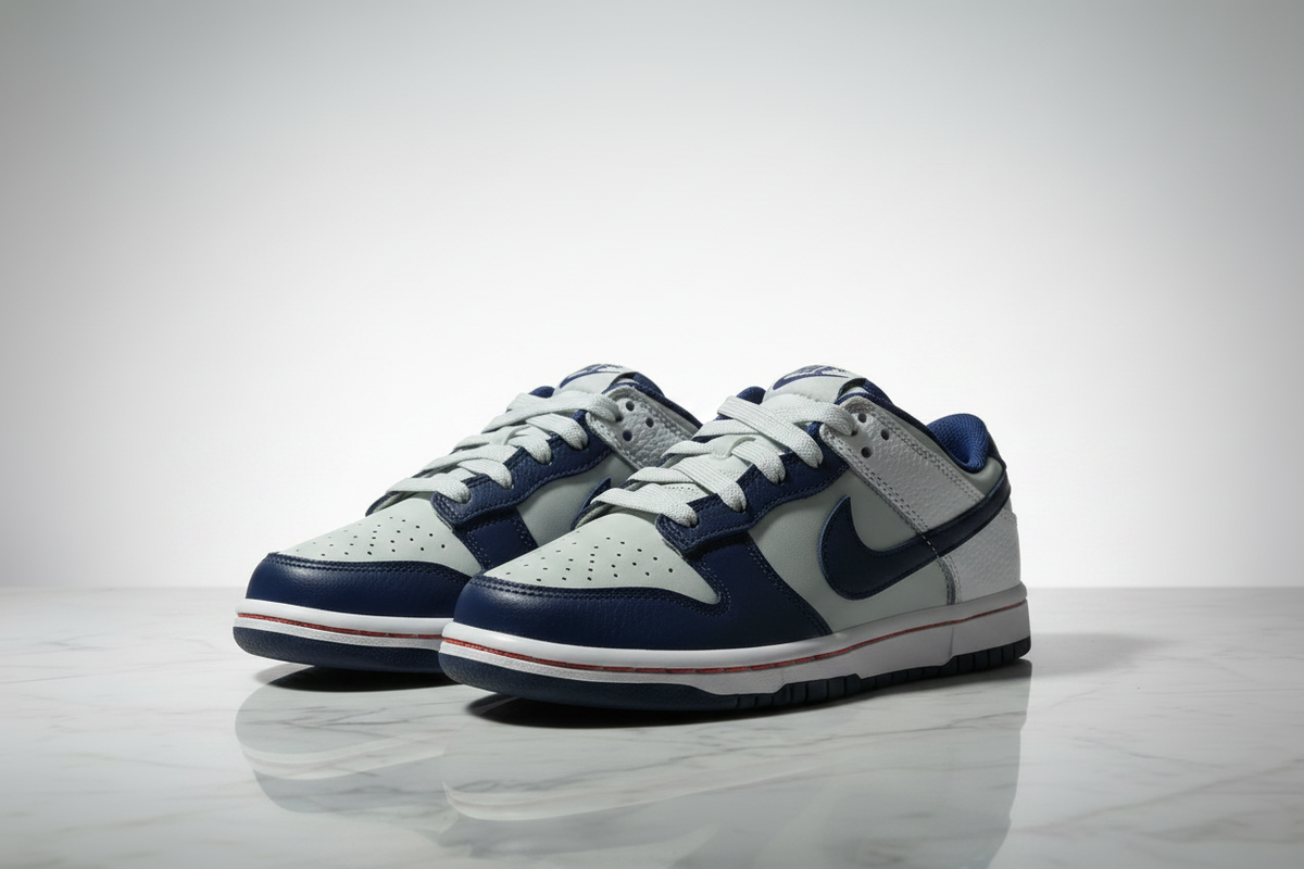 Nike Dunk Low Grey Navy — Toes Facing Left