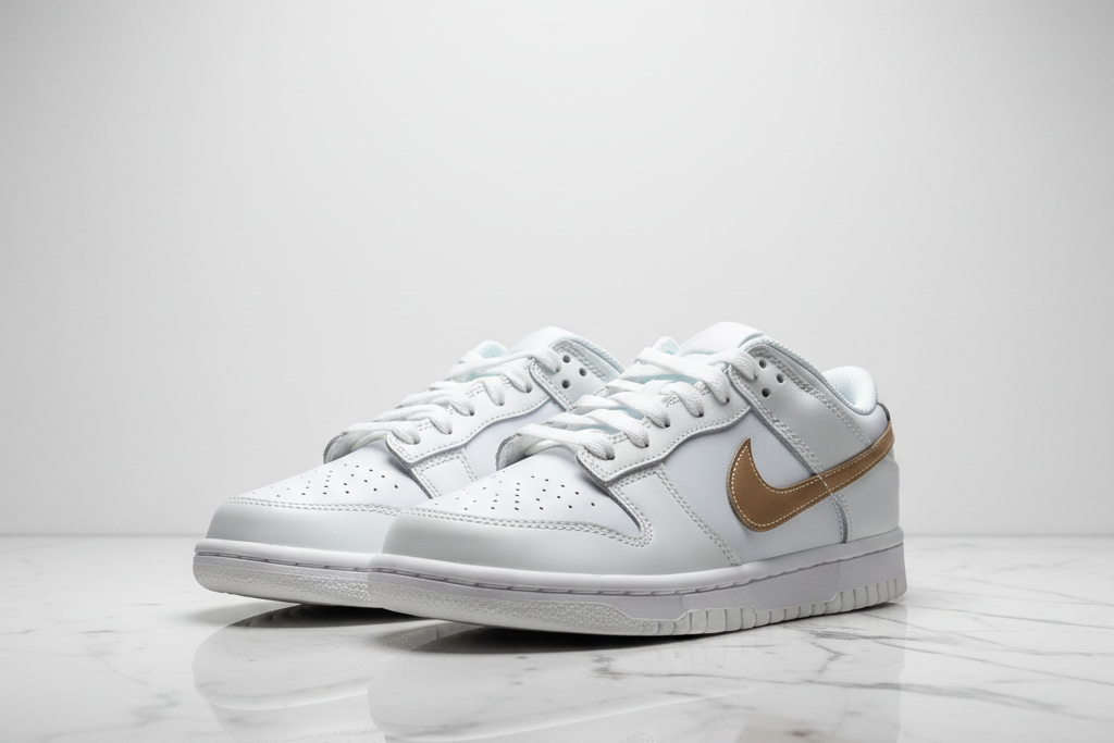 Nike Dunk Low (GS) editorial render, both shoes side by side on white marble